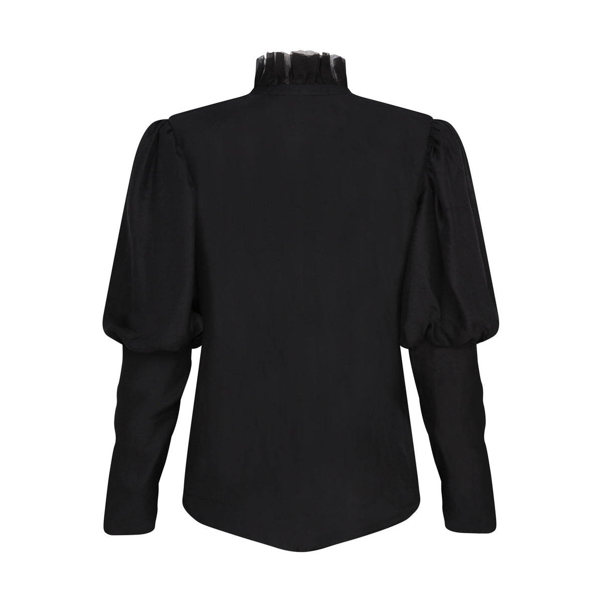The Black Puff Ruffle Blouse in black silk twill, flat lay back, studio
