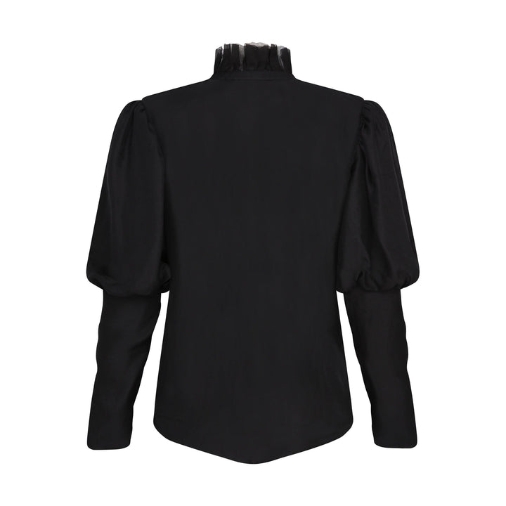 The Black Puff Ruffle Blouse in black silk twill, flat lay back, studio