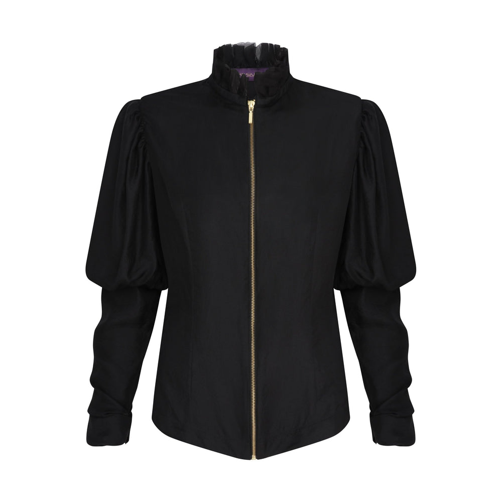 The Black Puff Ruffle Blouse in black silk twill, flat lay front with zip, studio
