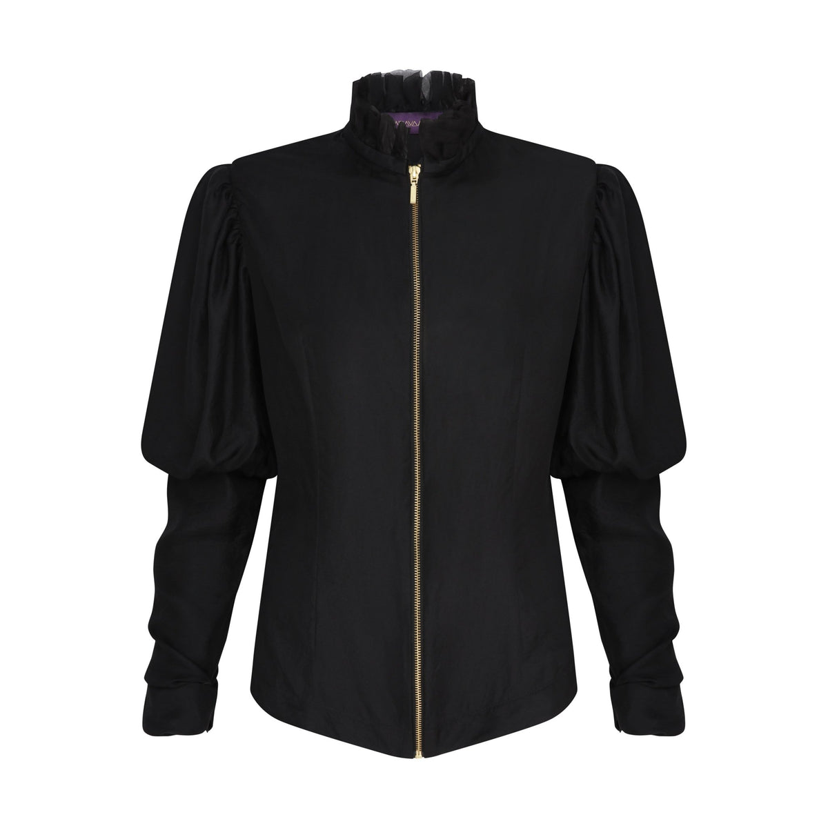 The Black Puff Ruffle Blouse in black silk twill, flat lay front with zip, studio