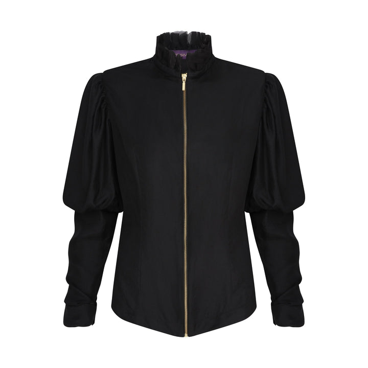 The Black Puff Ruffle Blouse in black silk twill, flat lay front with zip, studio