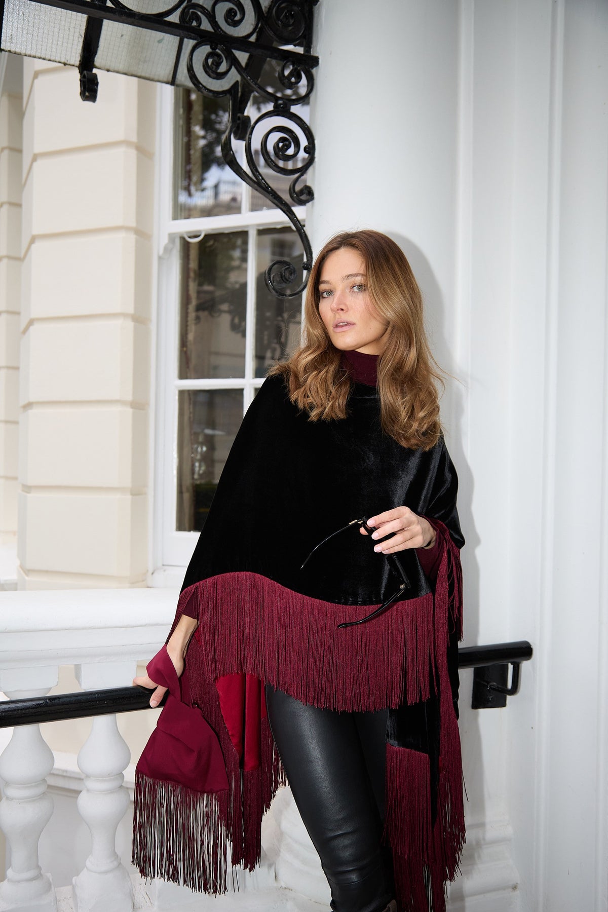 The Black Rose Poncho in silk velvet, worn, London street