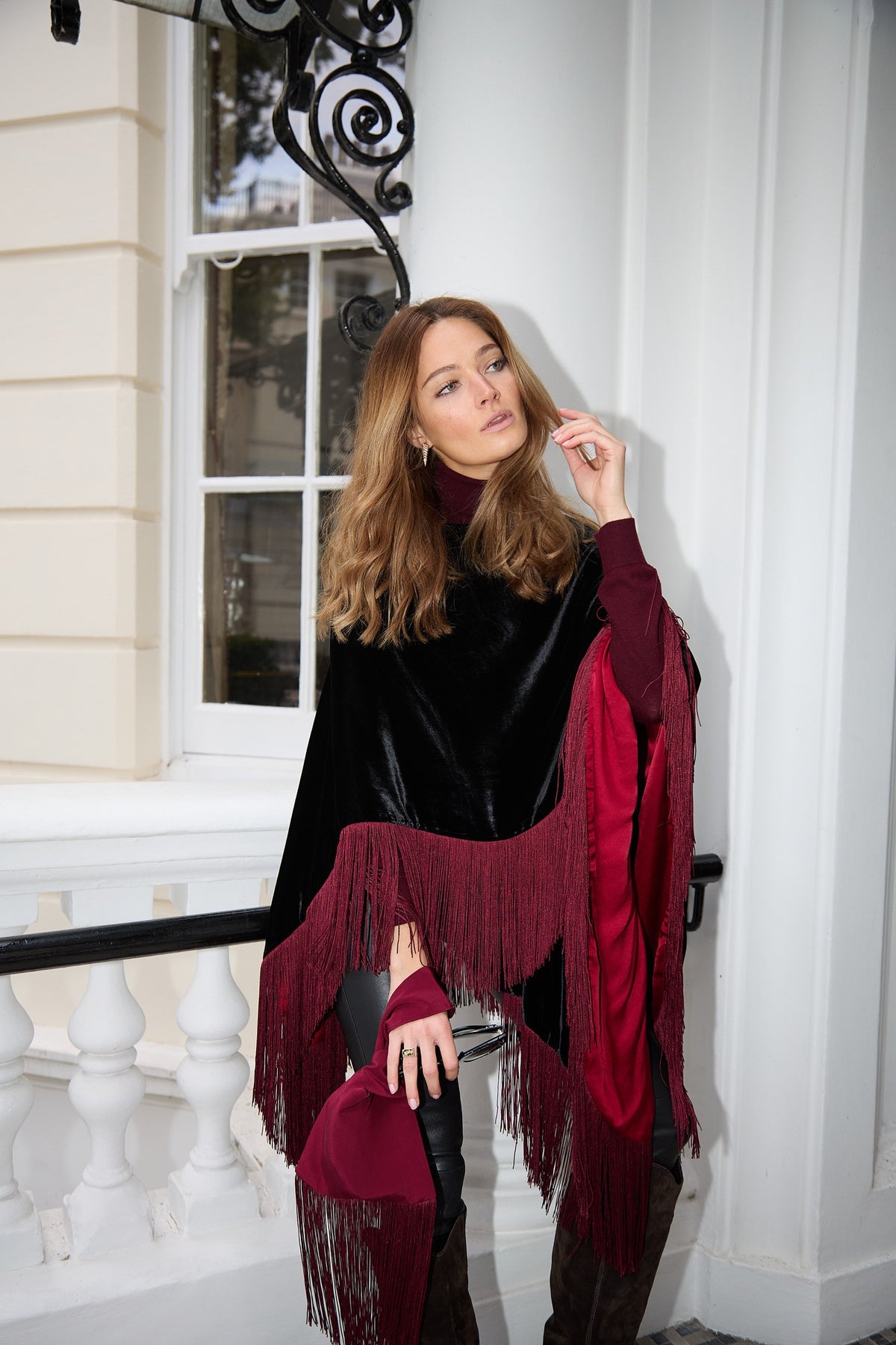 The Black Rose Poncho in silk velvet, worn, London street