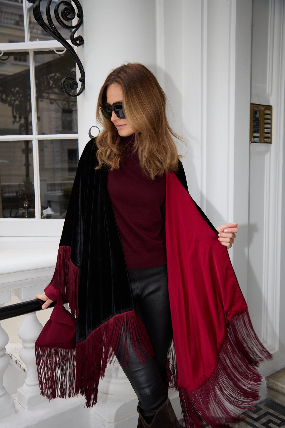 The Black Rose Poncho in silk velvet, worn, London street
