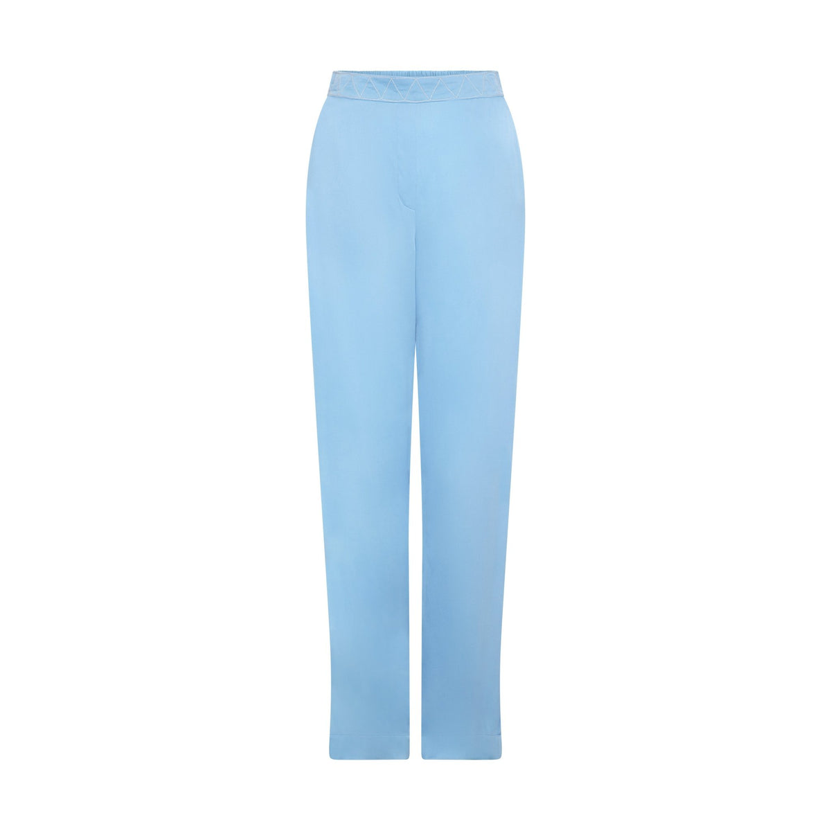 The Cornflower Trousers in powder blue silk, flat lay, studio