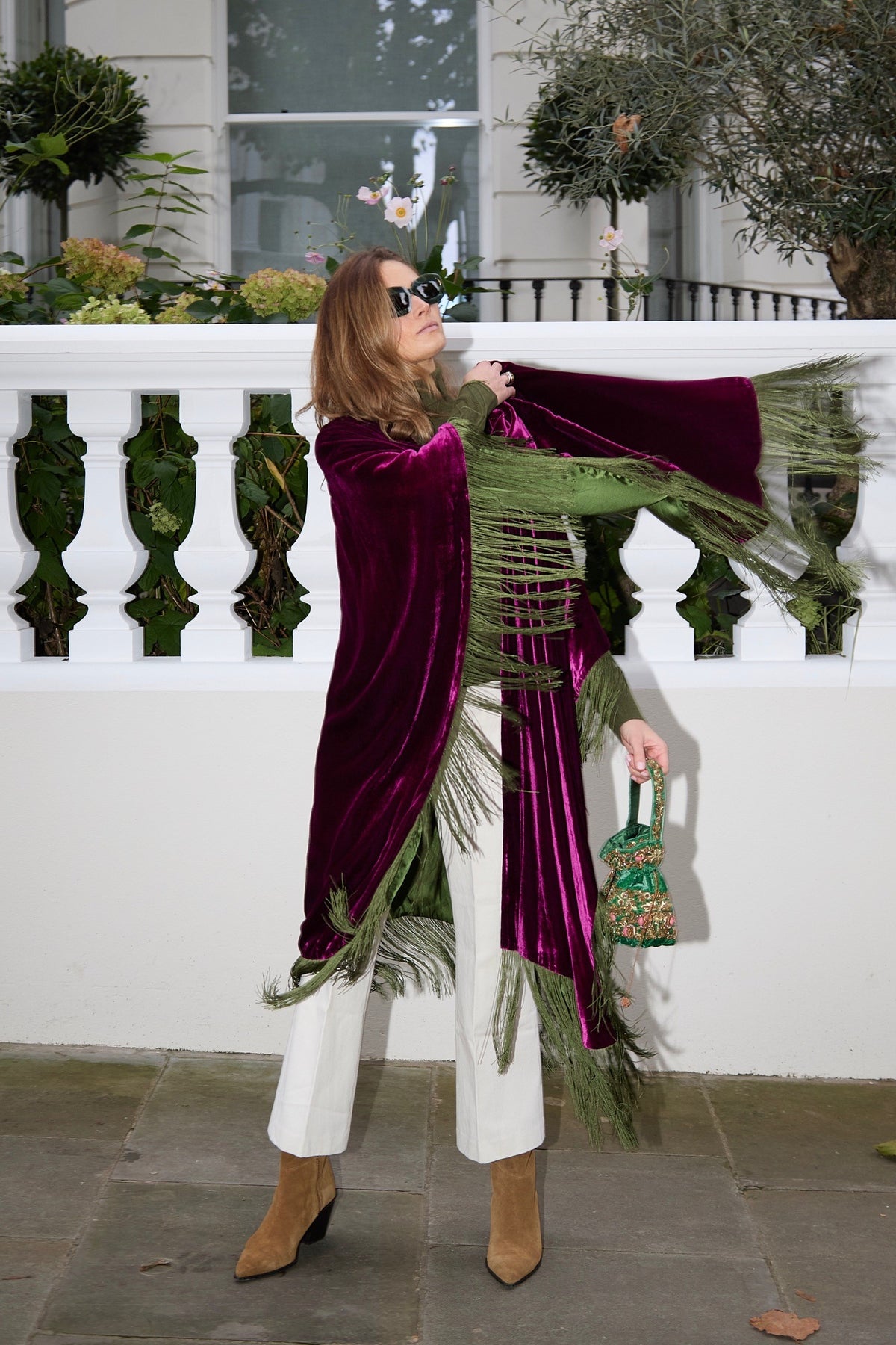The Dahlia Poncho in silk velvet, worn, London street