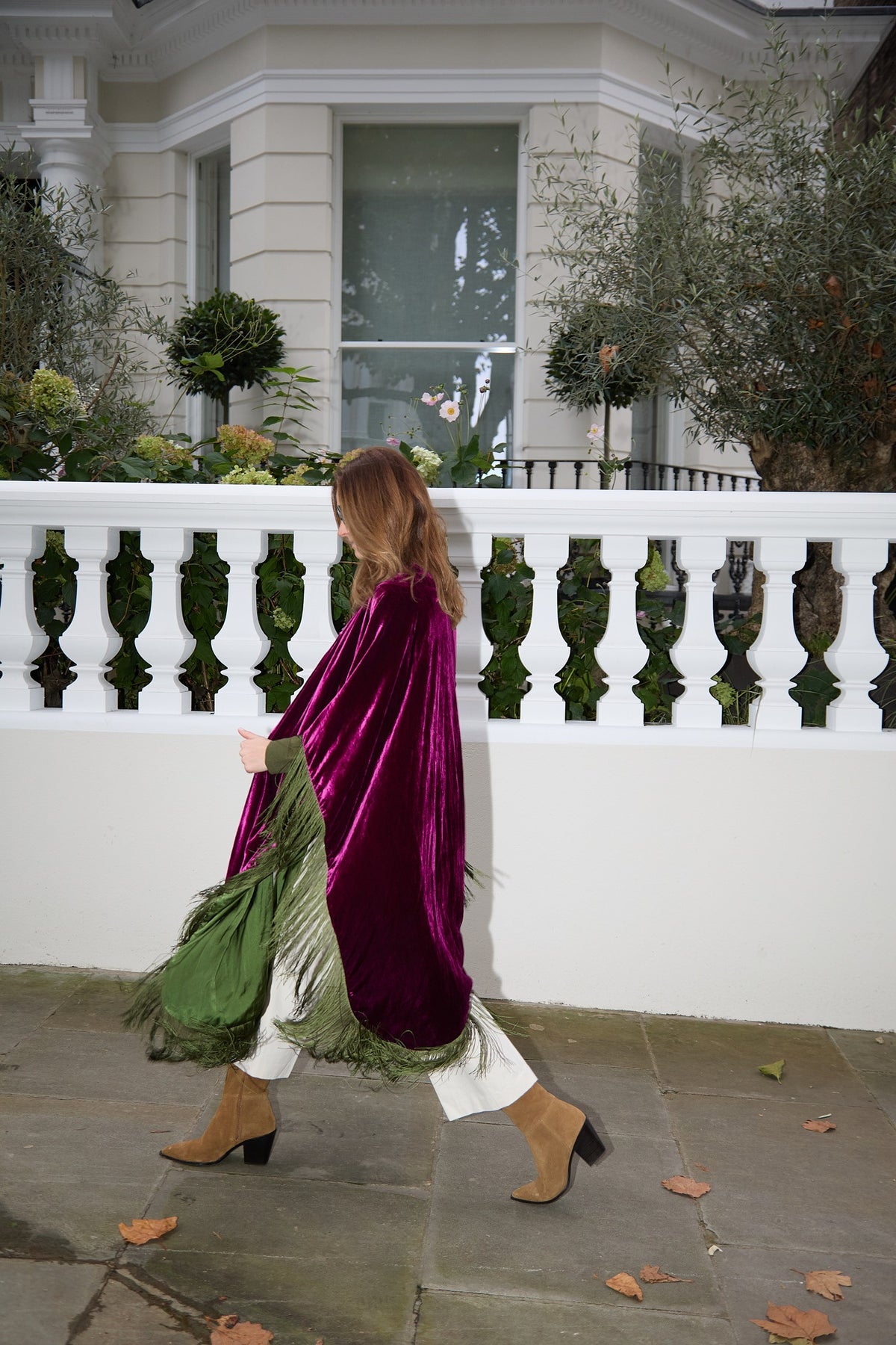 The Dahlia Poncho in silk velvet, worn, London street