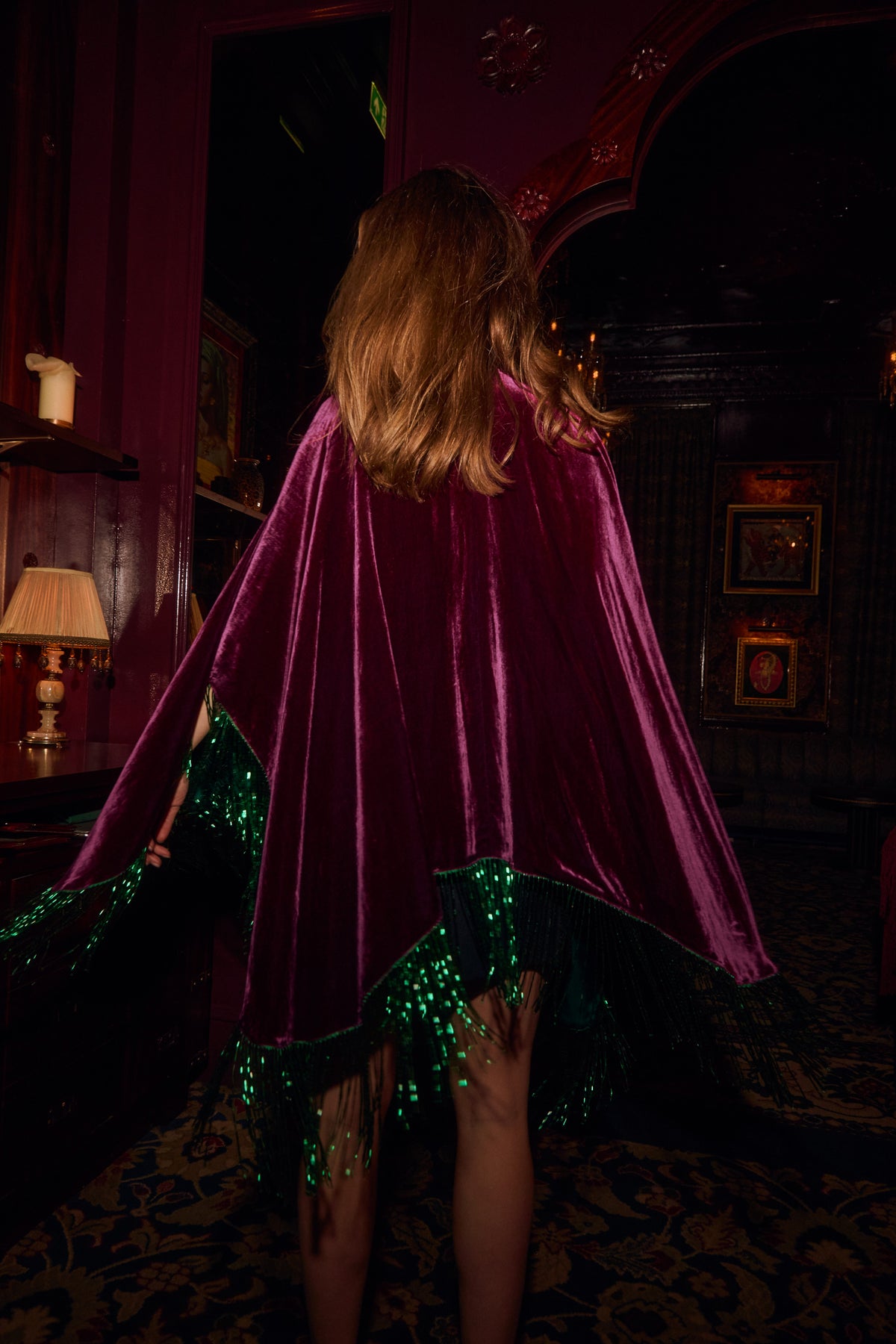 The Dahlia Sparkle Poncho in silk velvet, worn, interior