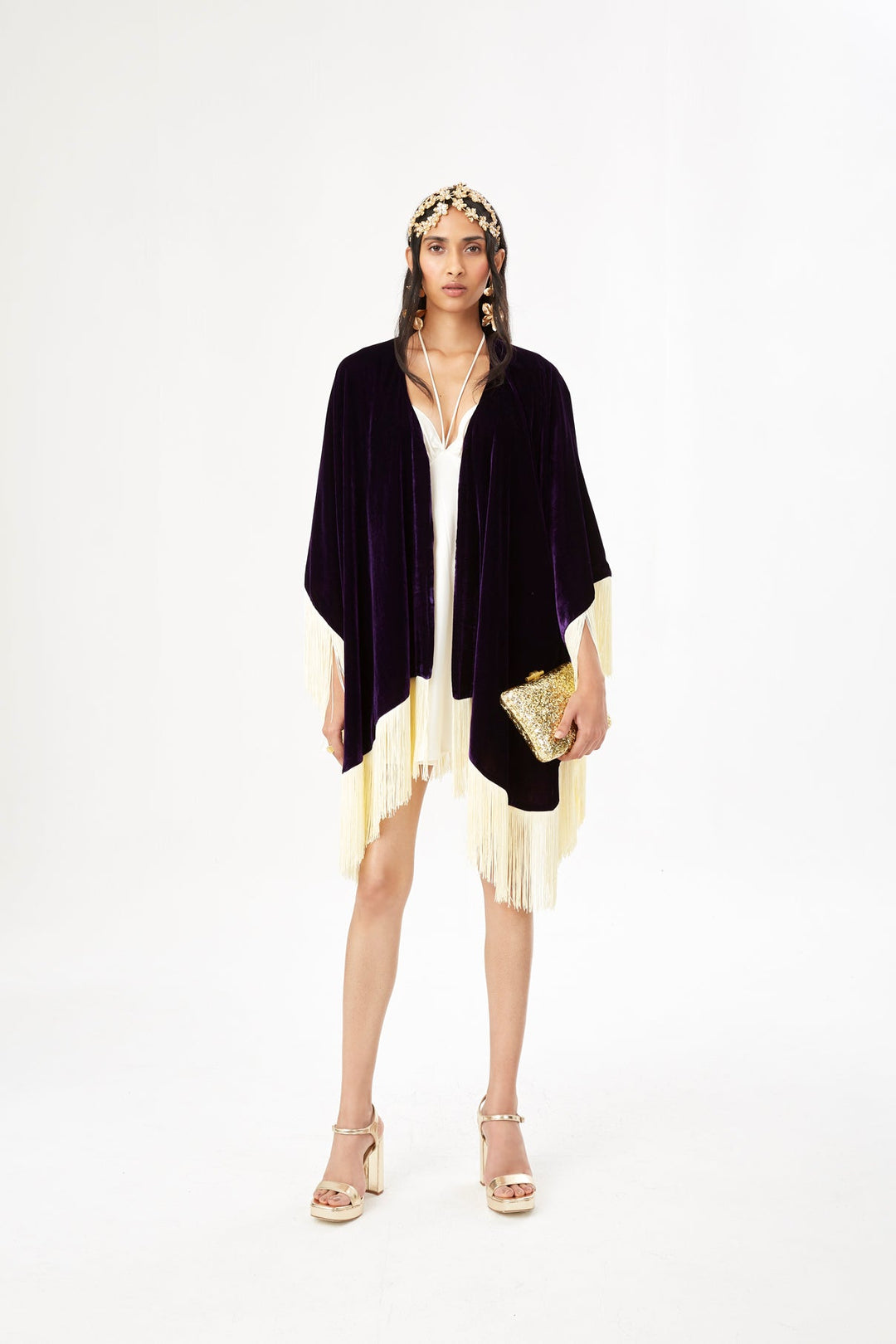 The Gatsby Poncho in purple silk velvet with champagne fringe, front view, studio