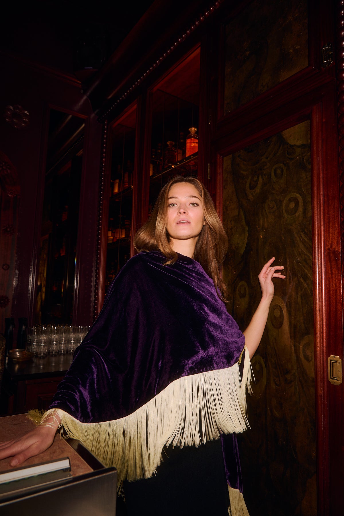 The Gatsby Poncho in silk velvet, worn, interior