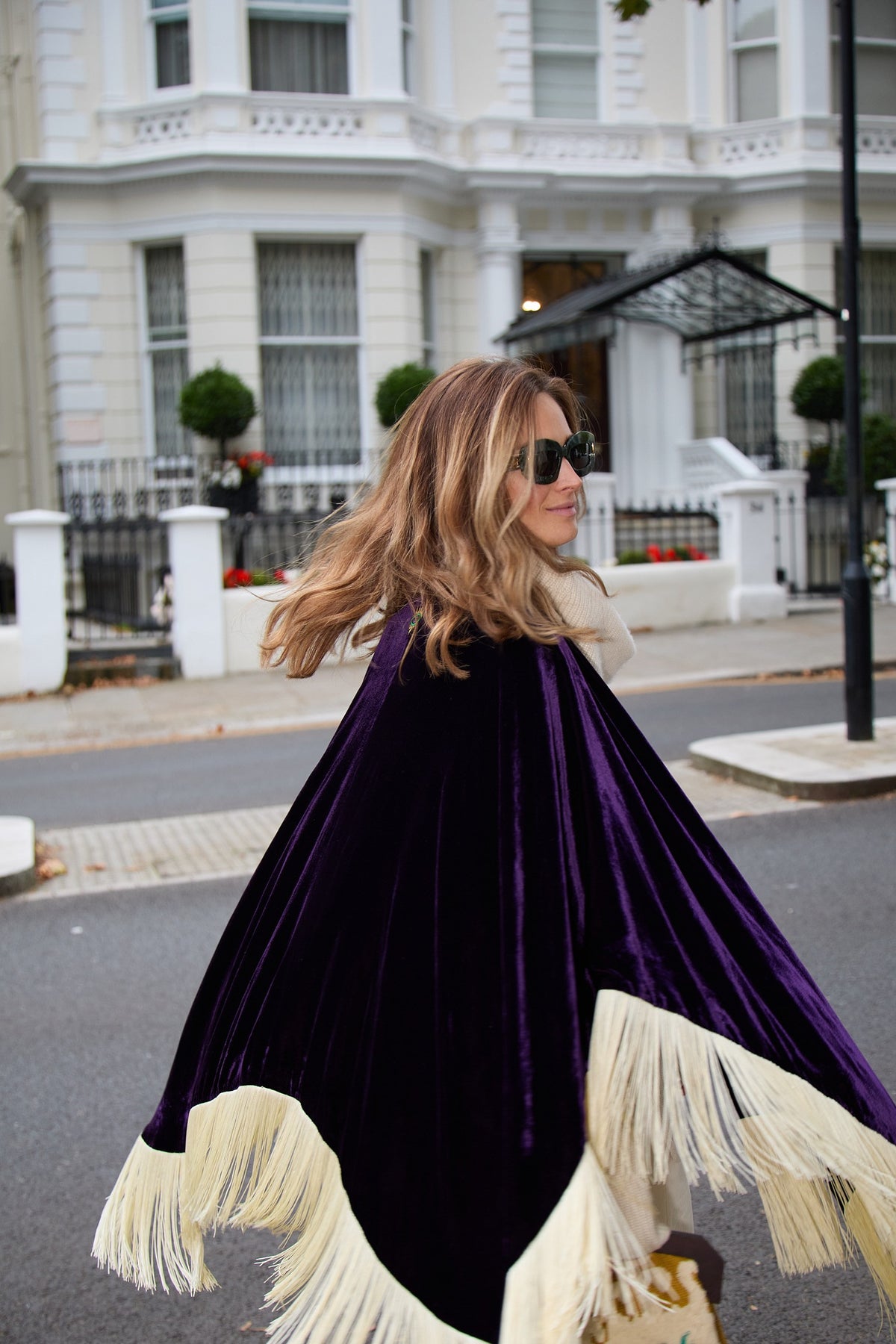 The Gatsby Poncho in silk velvet, worn, London street