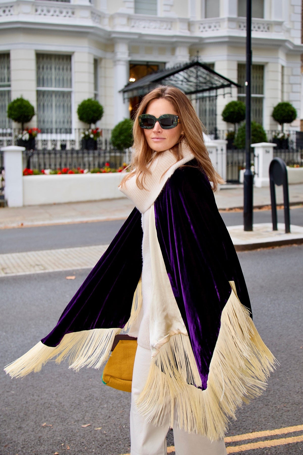 The Gatsby Poncho in silk velvet, worn, London street