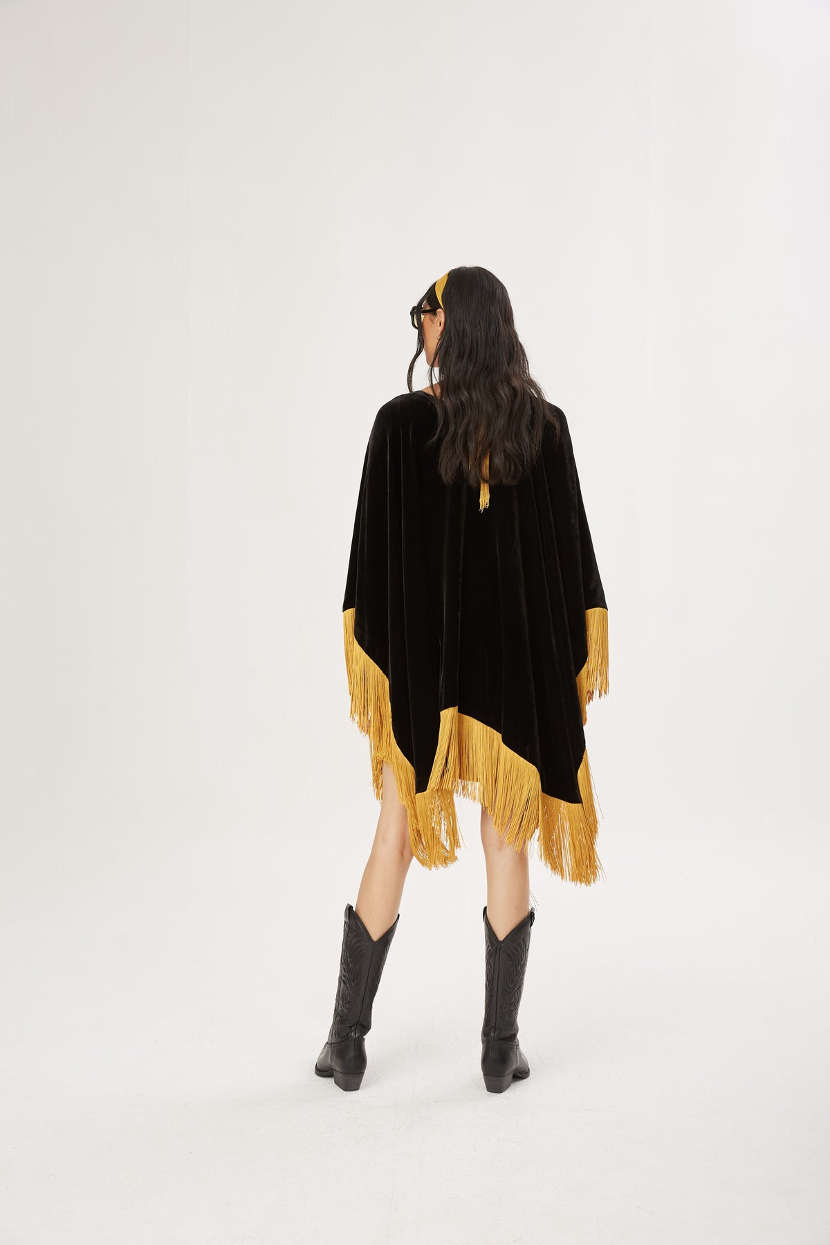 The Golden Age Poncho in silk velvet, worn, interior
