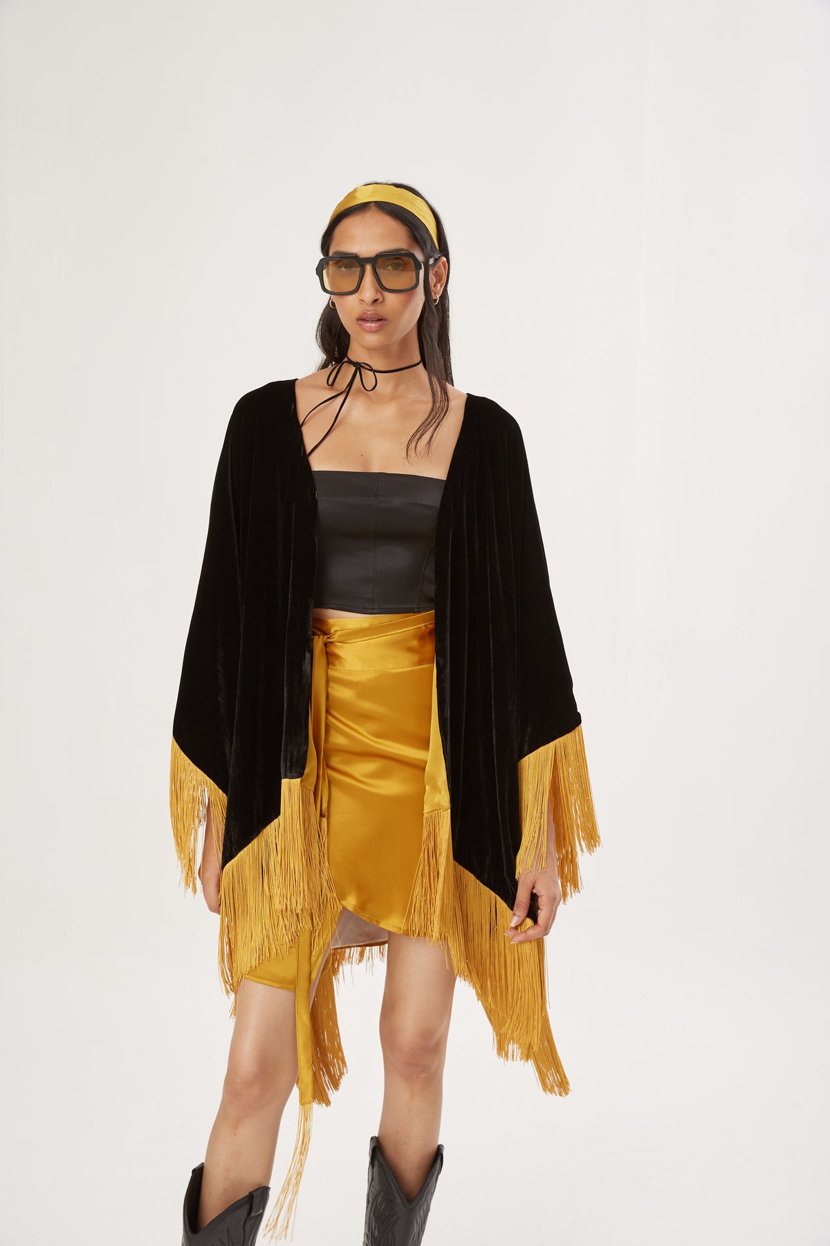 The Golden Age Poncho in silk velvet, worn, interior