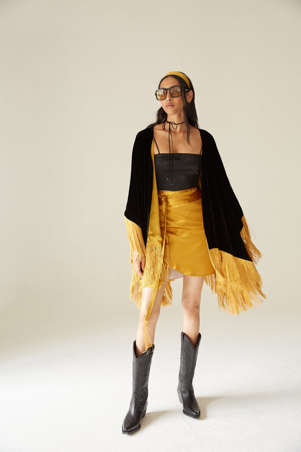 The Golden Age Poncho in silk velvet, worn, interior