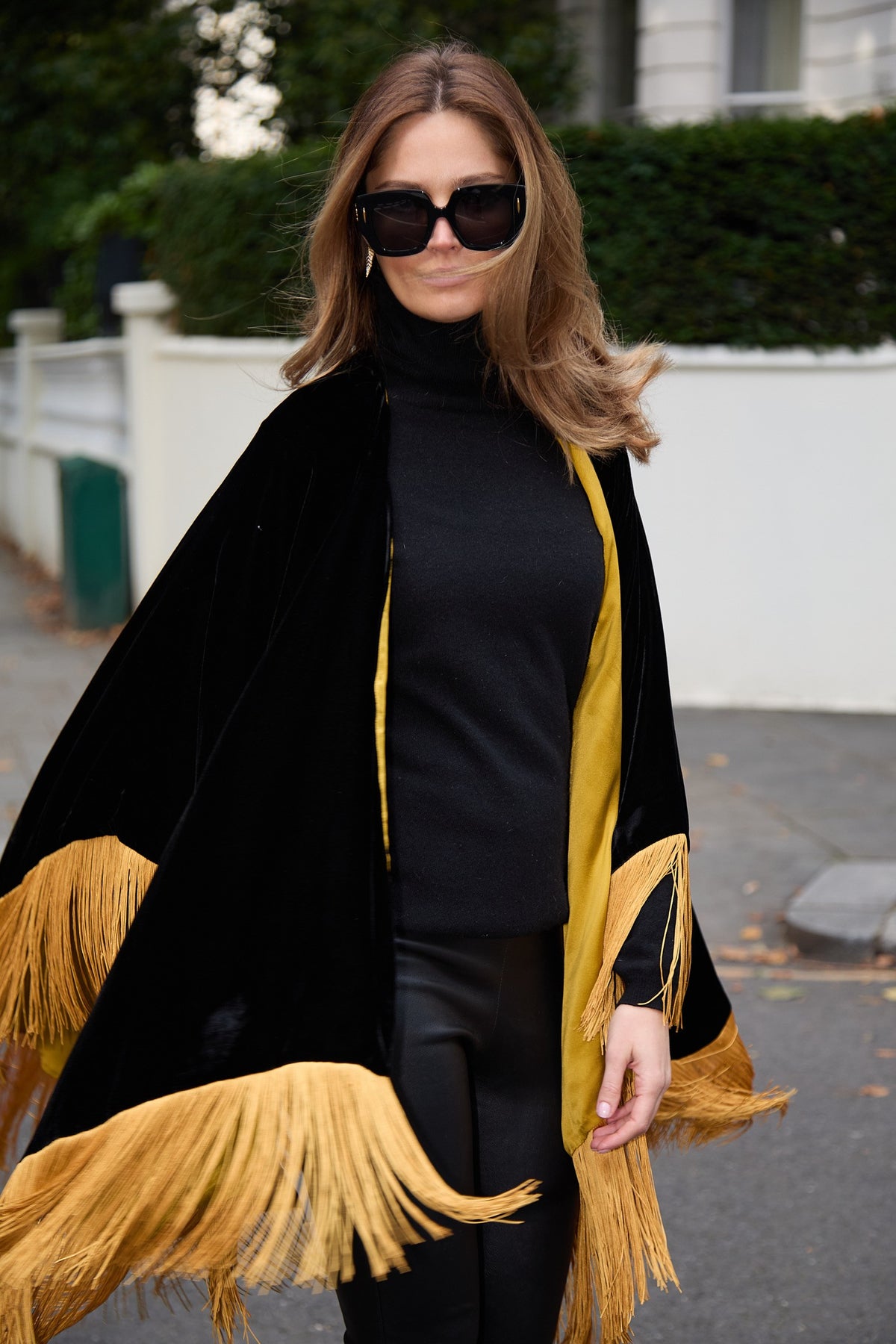 The Golden Age Poncho in silk velvet, worn, London street