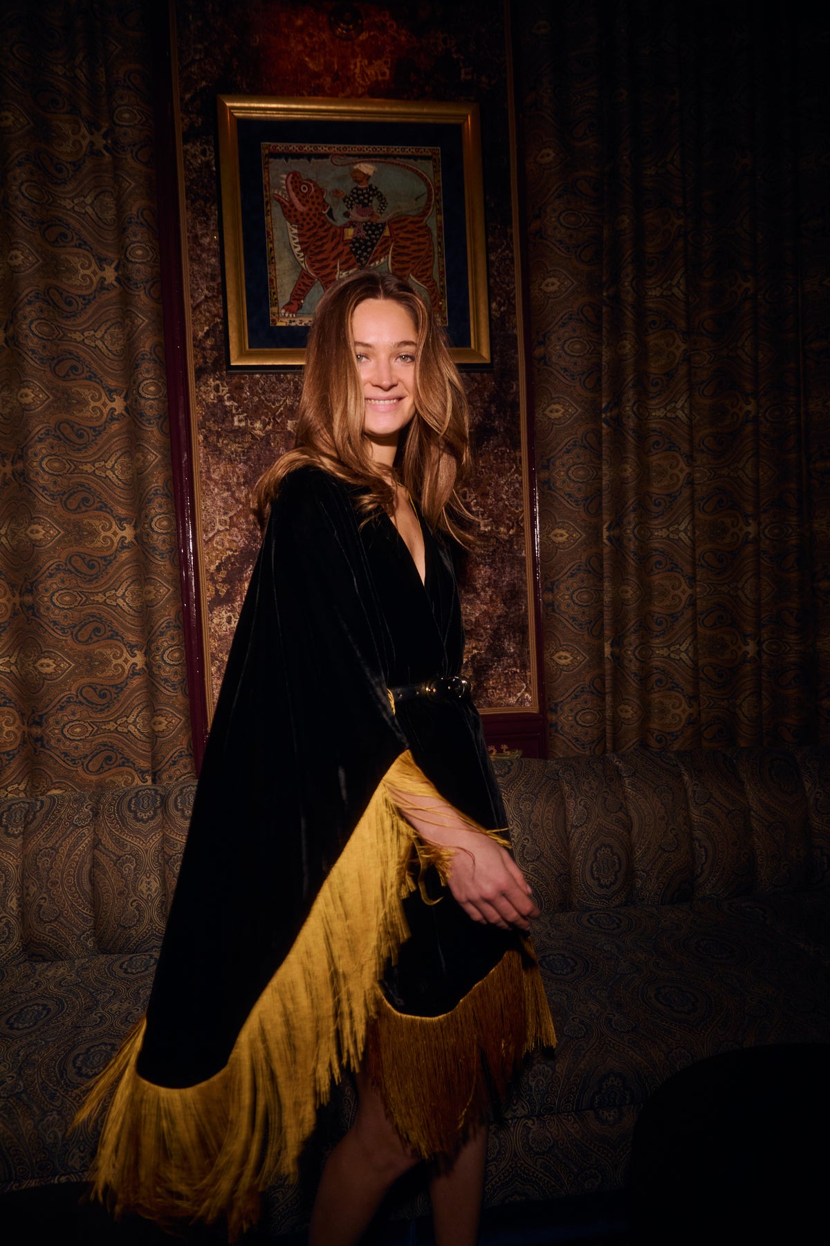 The Golden Age Poncho in silk velvet, worn, interior