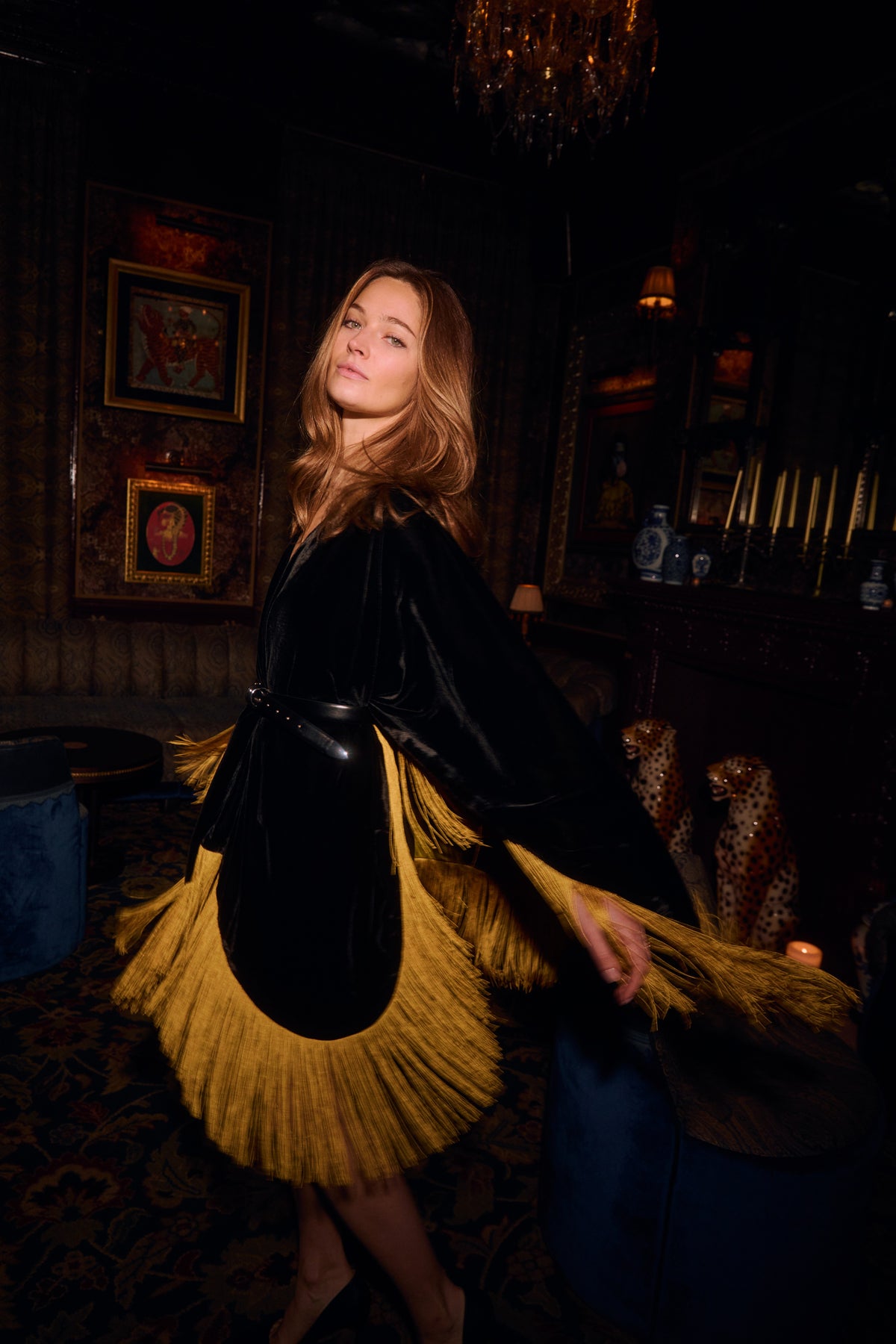 The Golden Age Poncho in silk velvet, worn, interior