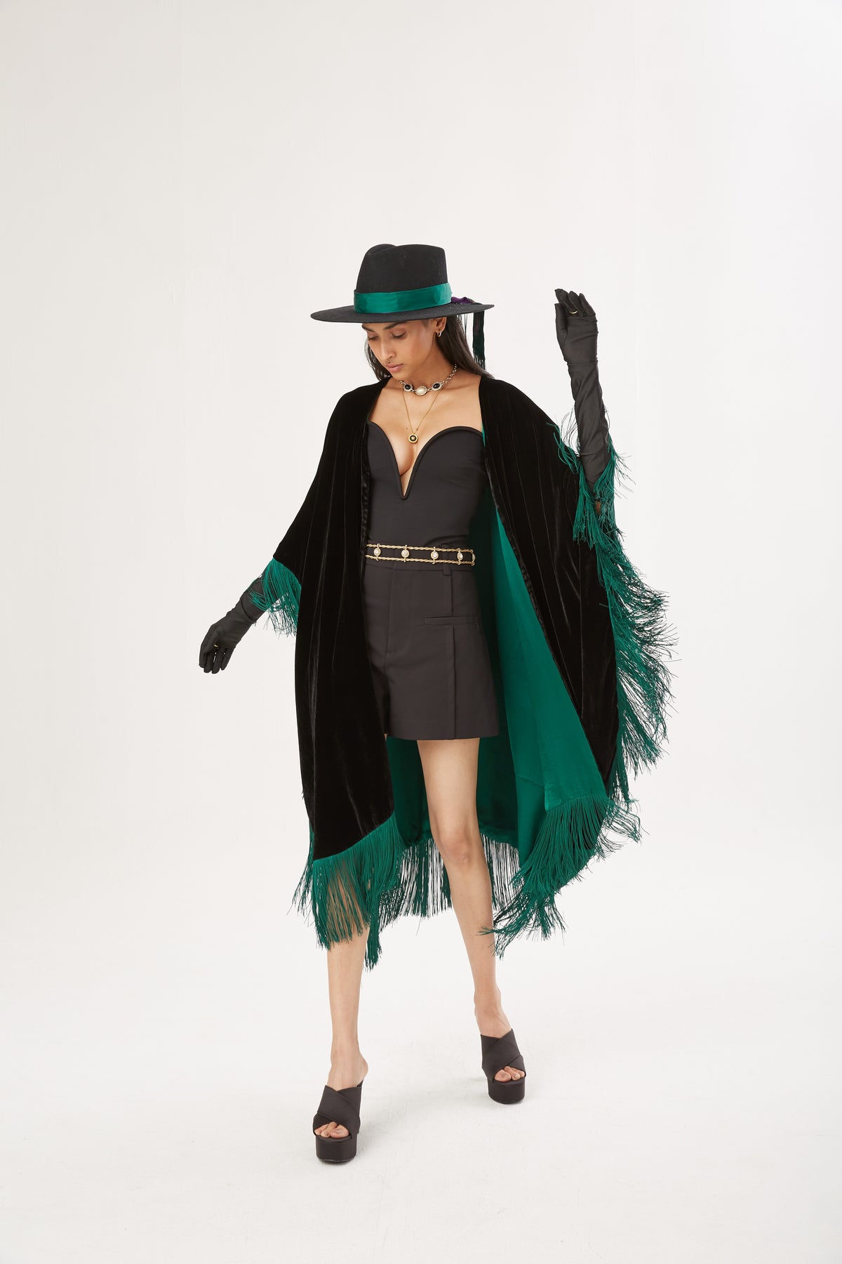 The Gypset Poncho in silk velvet, worn, interior