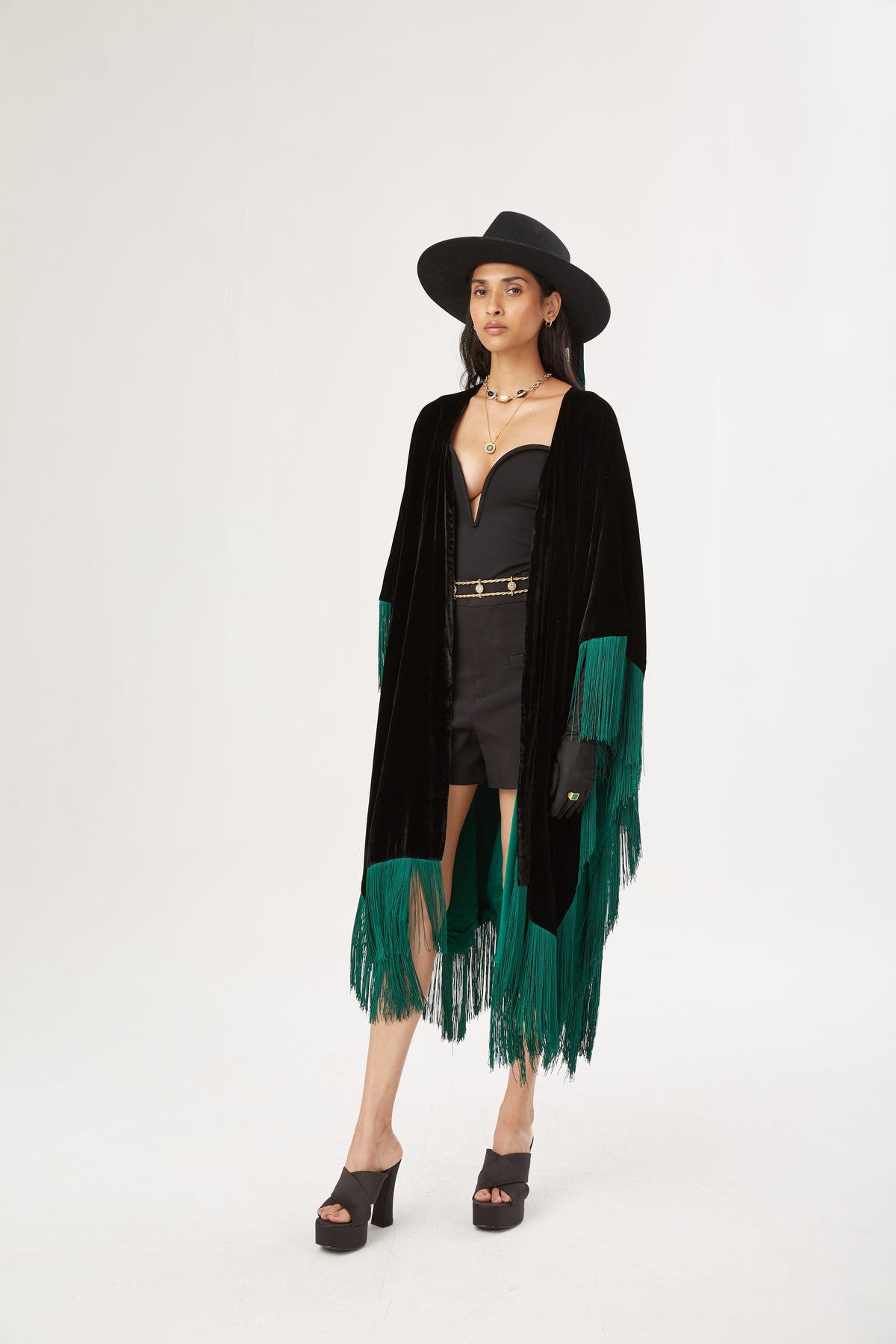 The Gypset Poncho in silk velvet, worn, interior