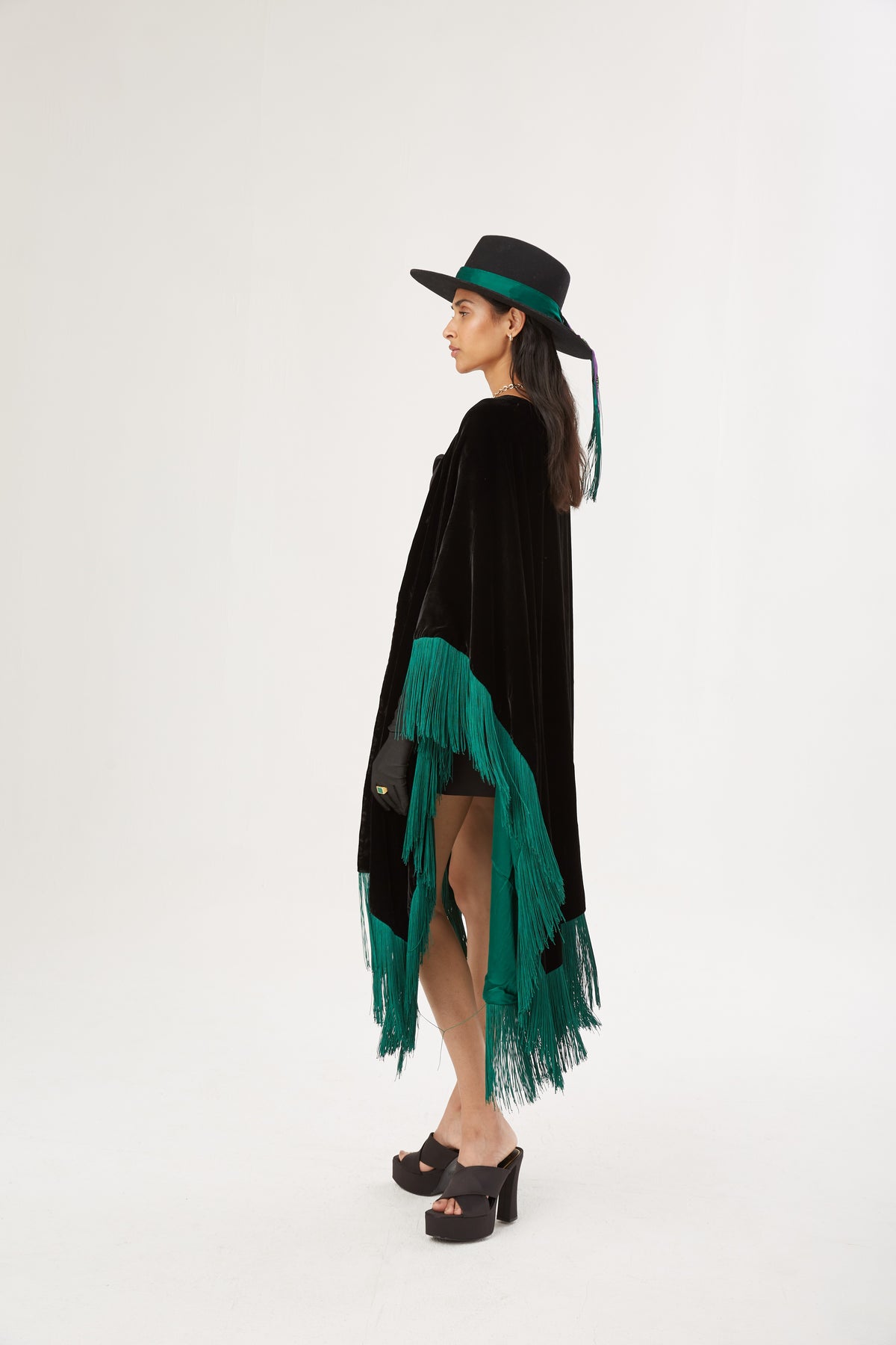 The Gypset Poncho in silk velvet, worn, interior