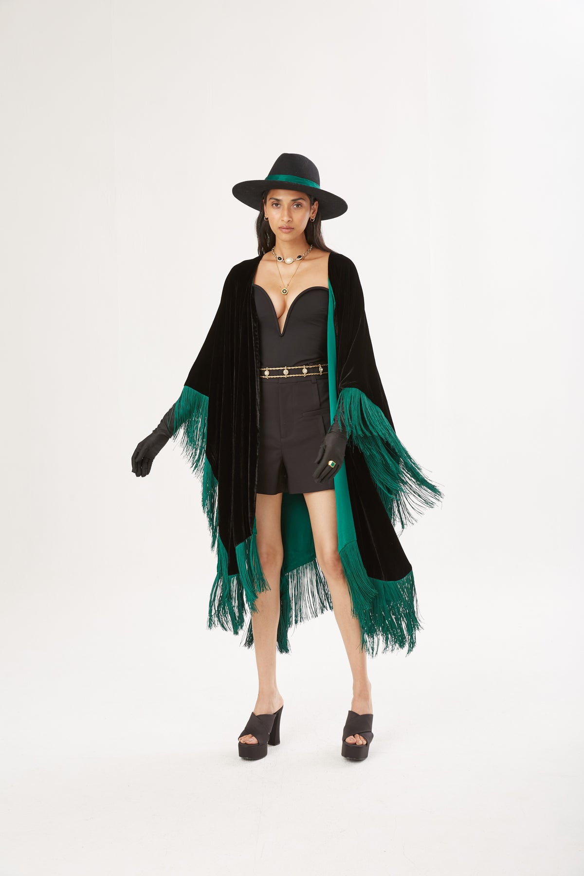 The Gypset Poncho in silk velvet, worn, interior