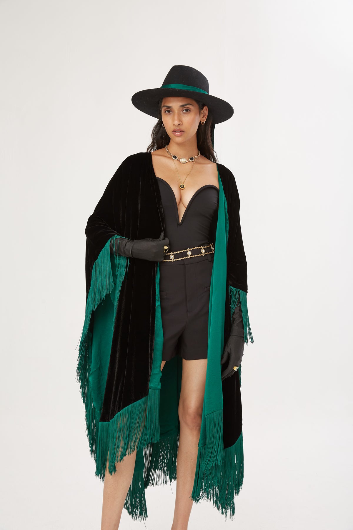 The Gypset Poncho in silk velvet, worn, interior
