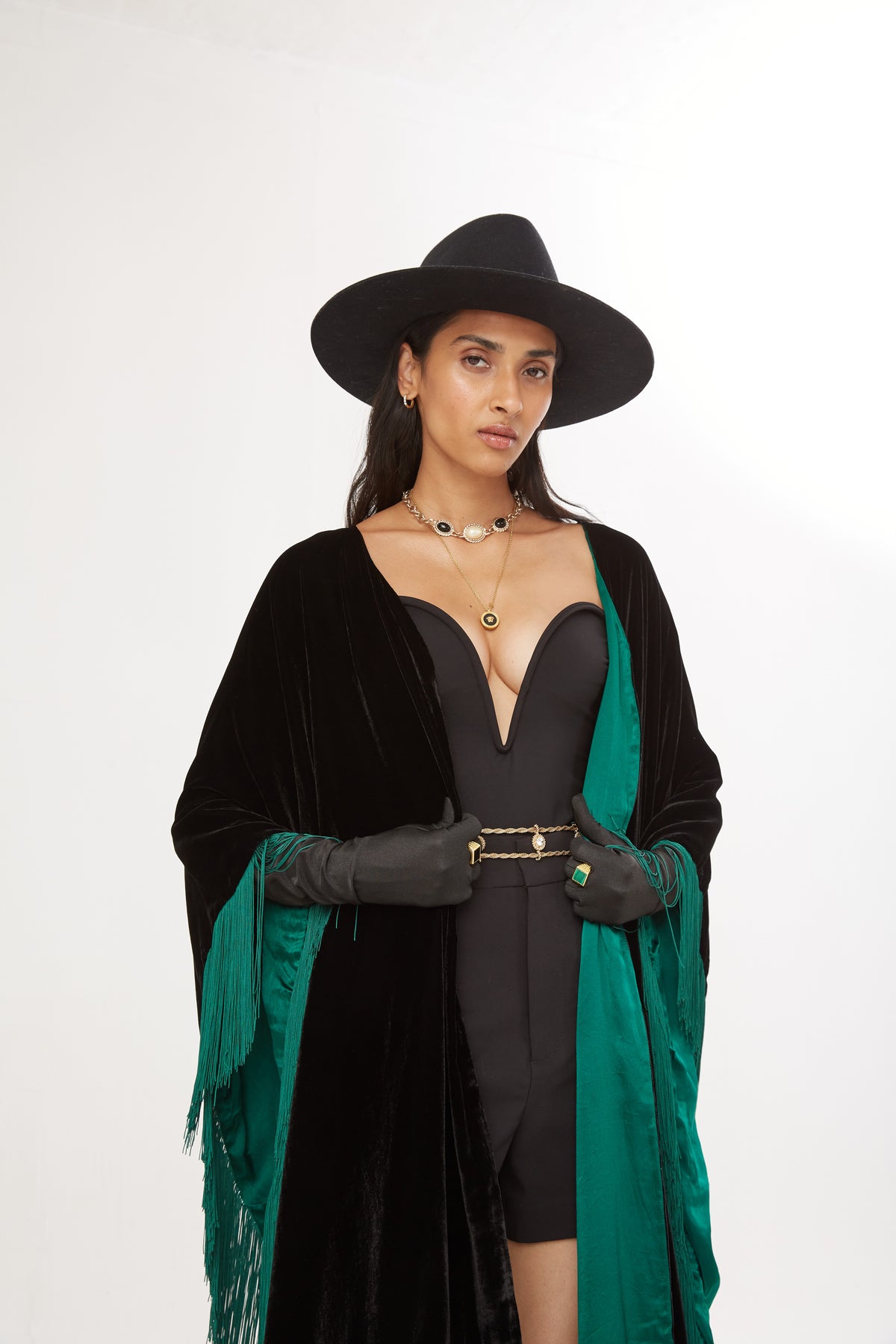 The Gypset Poncho in silk velvet, worn, interior