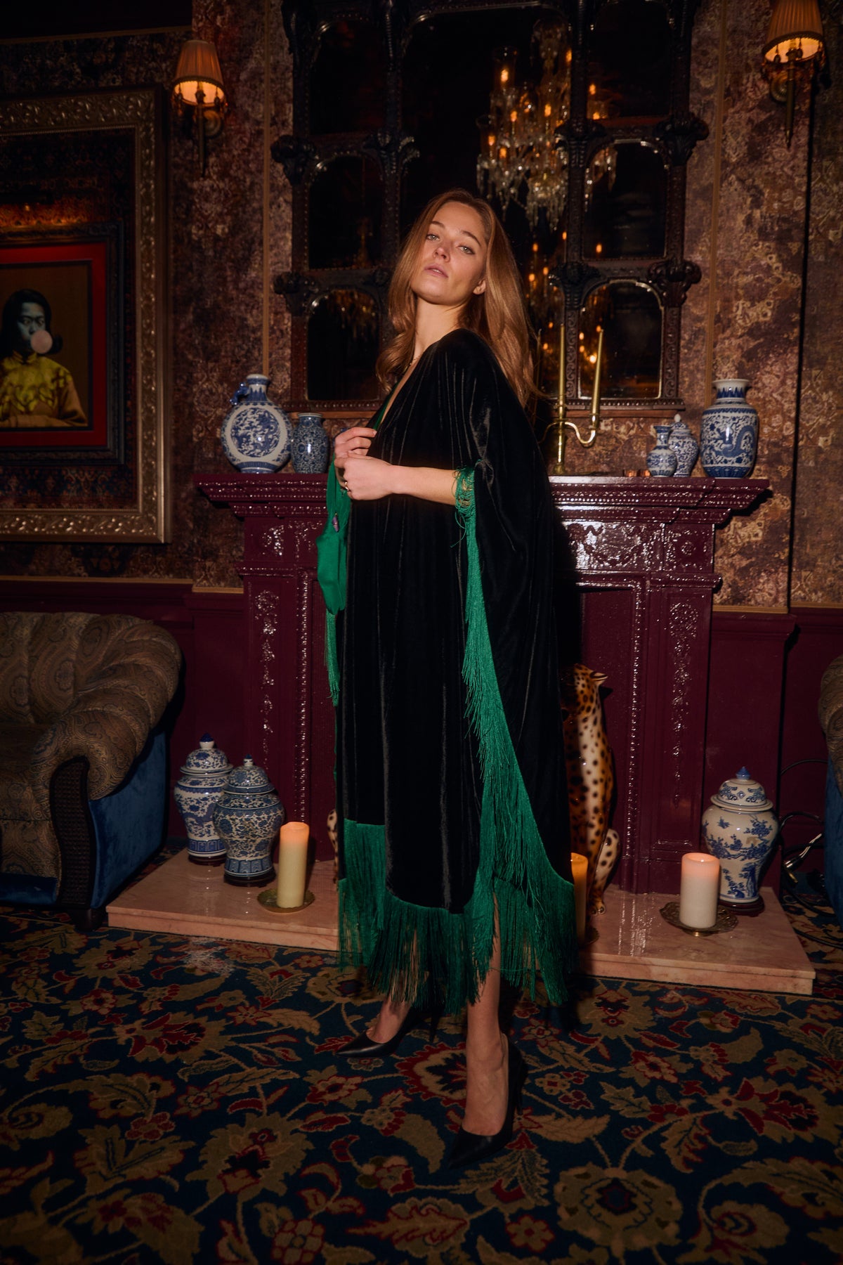 The Gypset Poncho in silk velvet, worn, interior