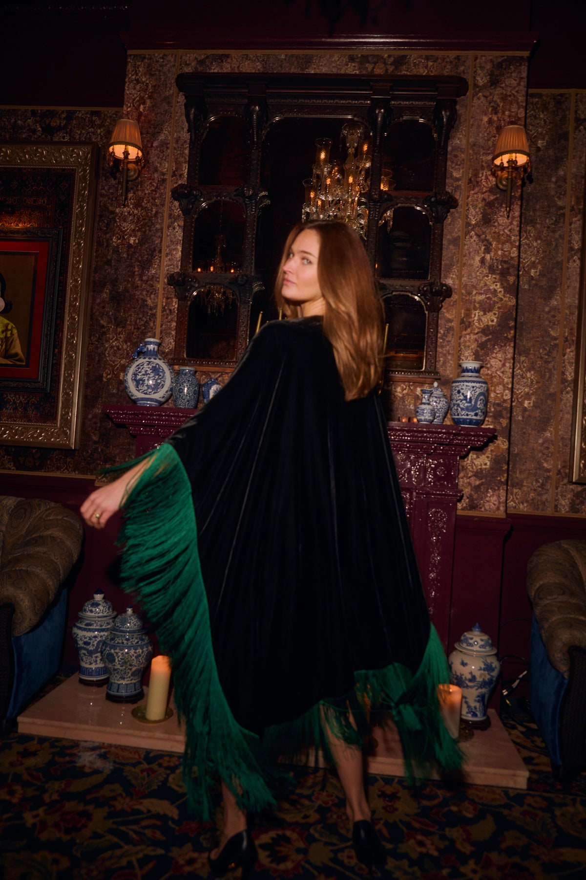 The Gypset Poncho in silk velvet, worn, interior