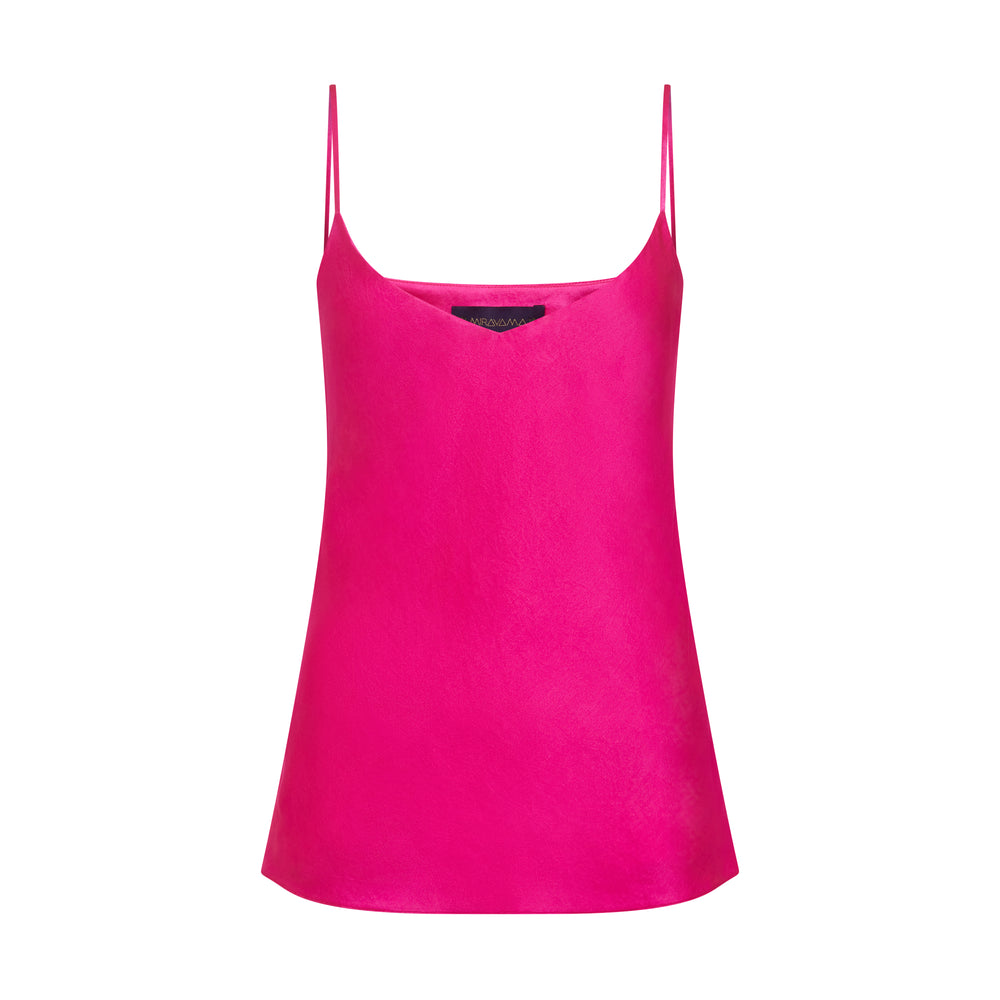 The Hot Pink Camisole in hot pink silk, flat lay, studio