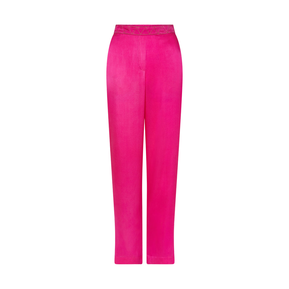 The Hot Pink Trousers in hot pink silk, flat lay, studio