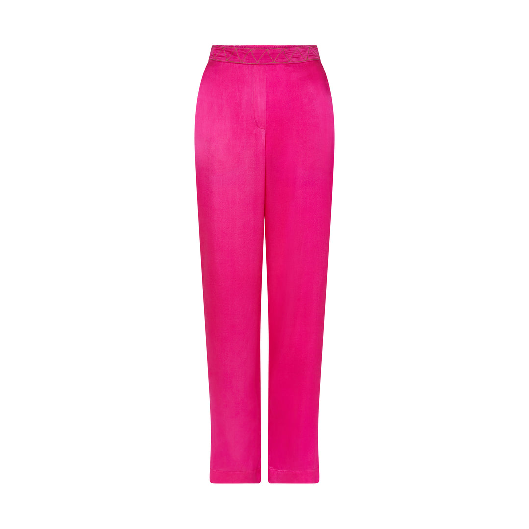 The Hot Pink Trousers in hot pink silk, flat lay, studio