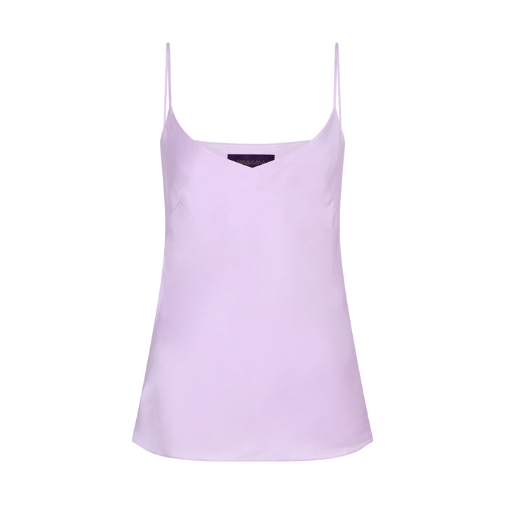 The Lavender Camisole in lavender silk, flat lay, studio
