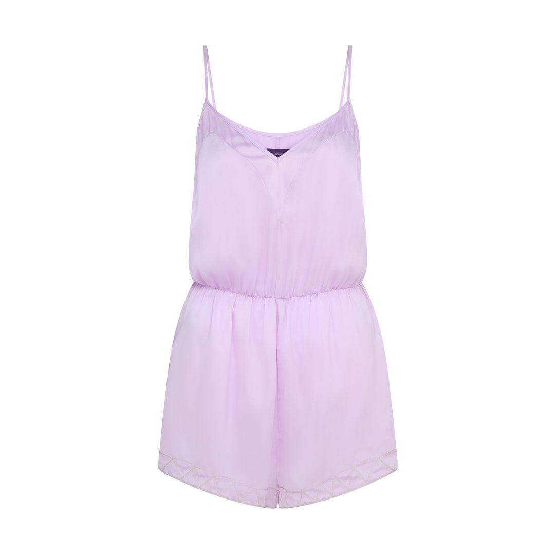The Lavender Playsuit in lavender silk, flat lay front, studio