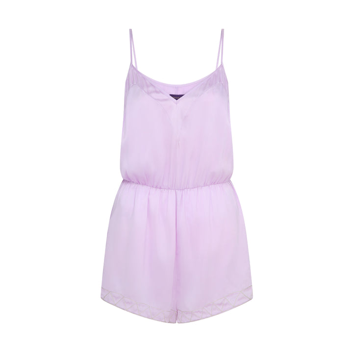 The Lavender Playsuit in lavender silk, flat lay front, studio