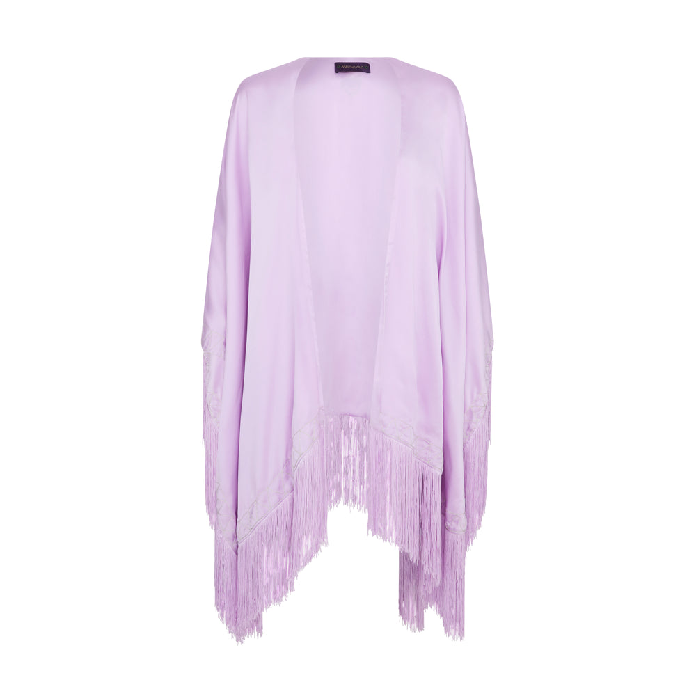 The Lavender Poncho in lavender silk with fringed hem, flat lay front, studio