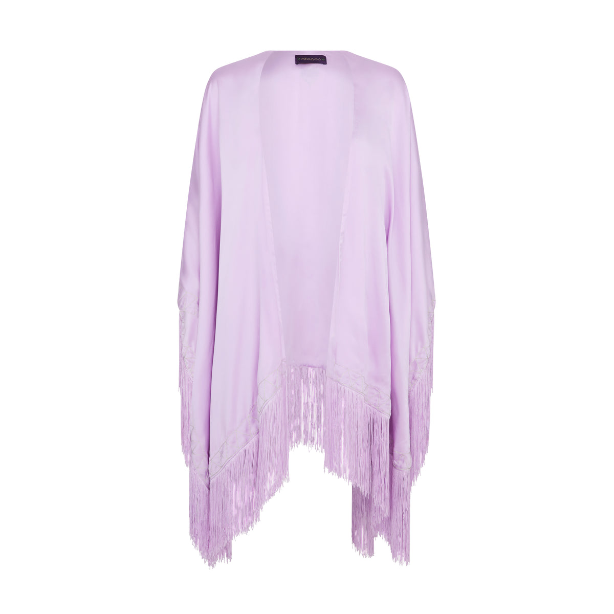 The Lavender Poncho in lavender silk with fringed hem, flat lay front, studio