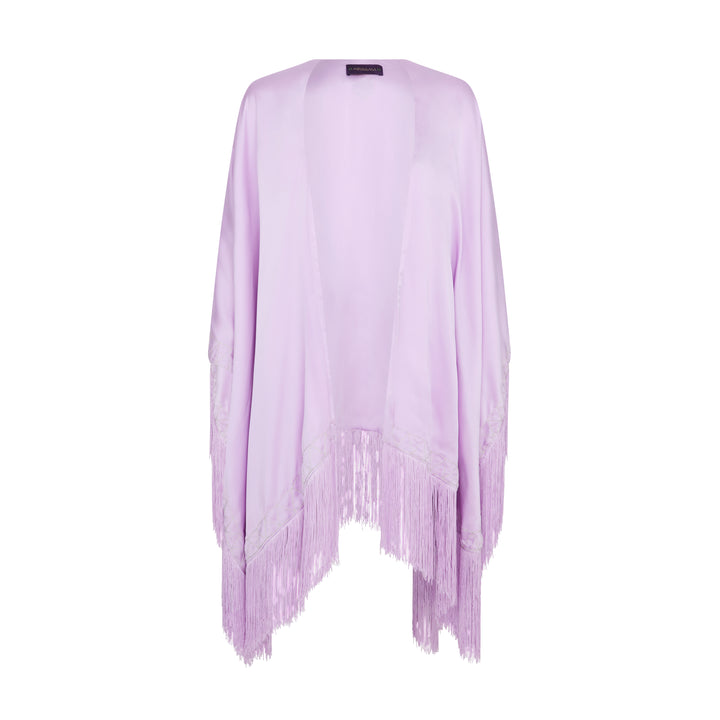 The Lavender Poncho in lavender silk with fringed hem, flat lay front, studio