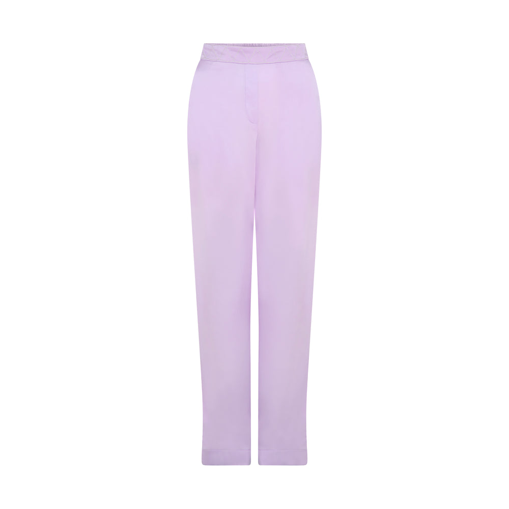 The Lavender Trousers in lavender silk, flat lay, studio
