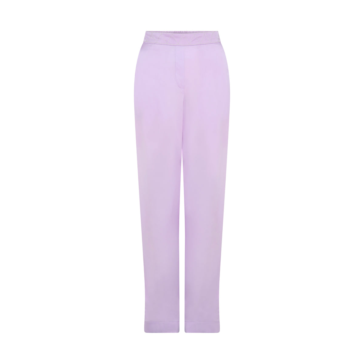 The Lavender Trousers in lavender silk, flat lay, studio
