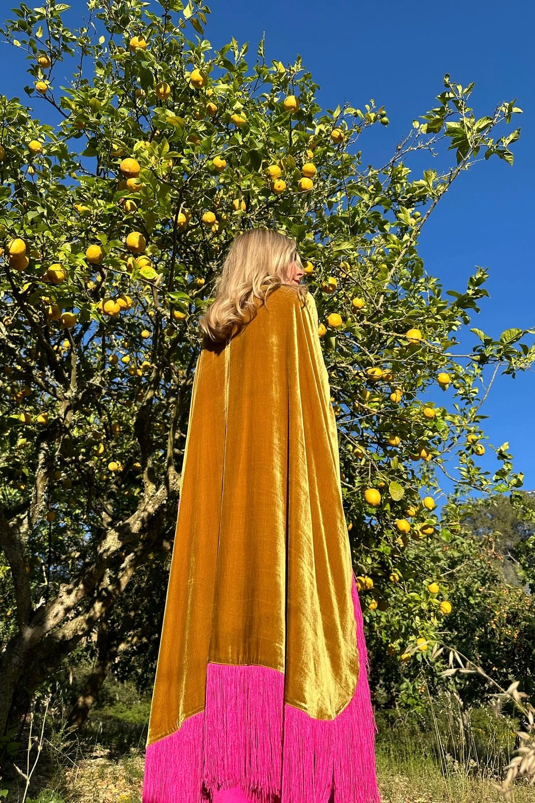 The Limoncello Poncho in golden yellow silk velvet with pink fringe, back view, lemon grove