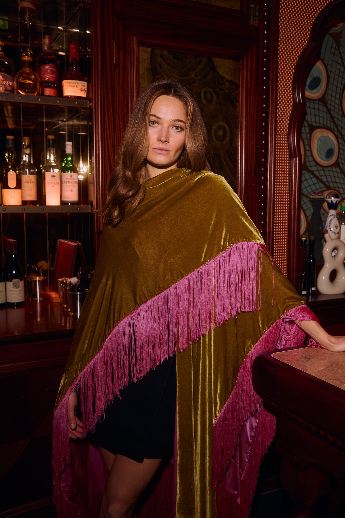 The Limoncello Poncho in silk velvet, worn, interior