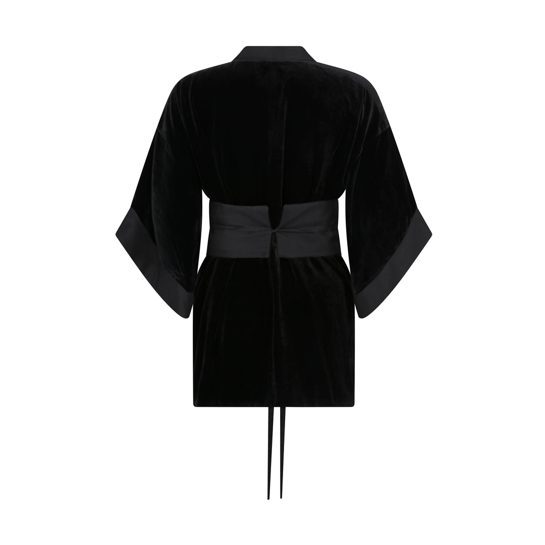 The Little Black Kimono in black silk velvet with organza trim and belt, flat lay back, studio