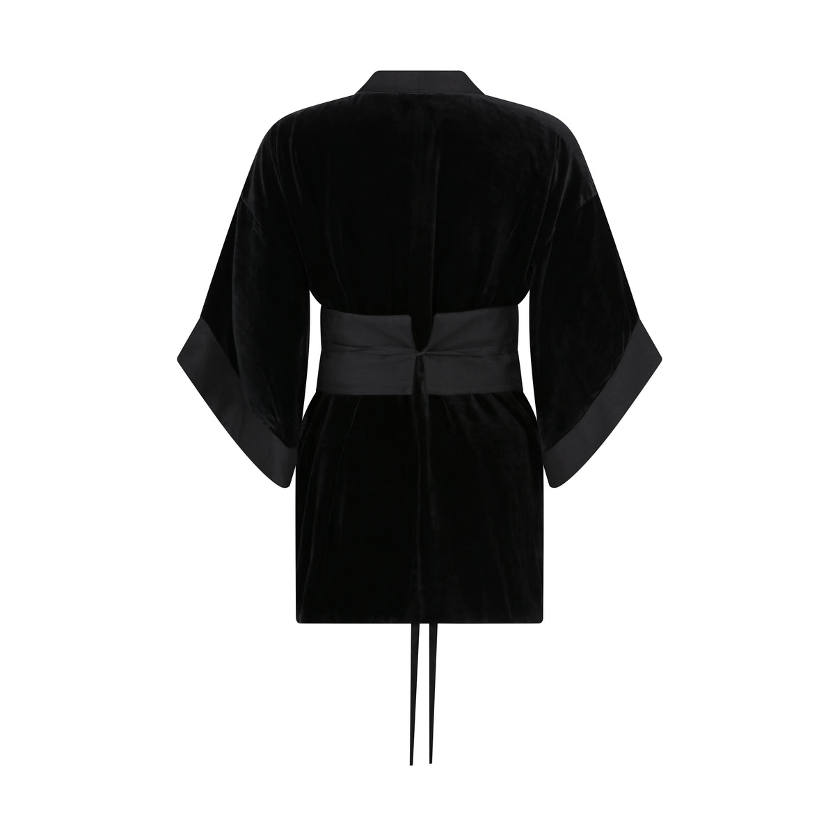 The Little Black Kimono in black silk velvet with organza trim and belt, flat lay back, studio