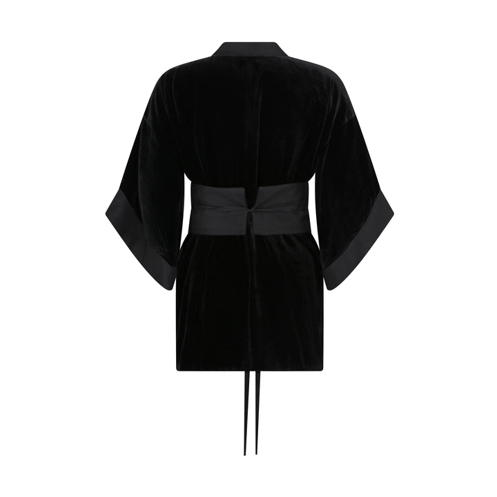 The Little Black Kimono in black silk velvet with organza trim and belt, flat lay back, studio