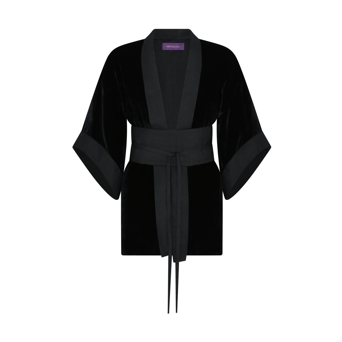 The Little Black Kimono in black silk velvet with organza trim and belt, flat lay front, studio