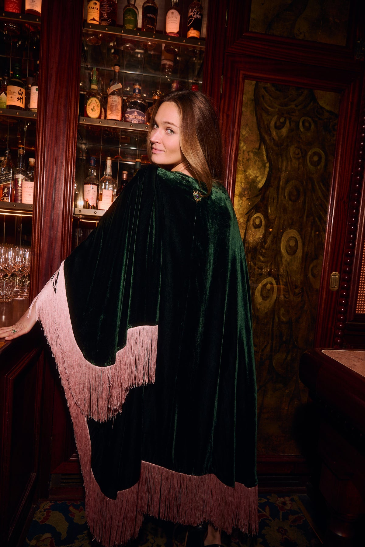 The Lotus Poncho in silk velvet, worn, interior