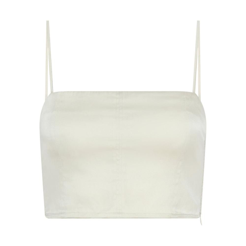 The Sage Bandeau Top in sage silk, flat lay, studio