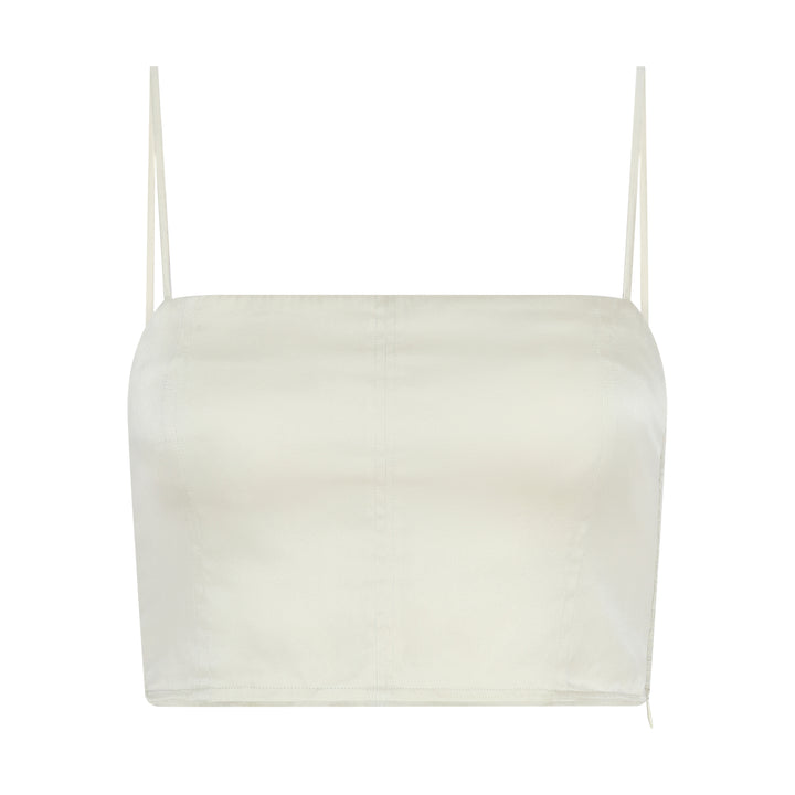 The Sage Bandeau Top in sage silk, flat lay, studio